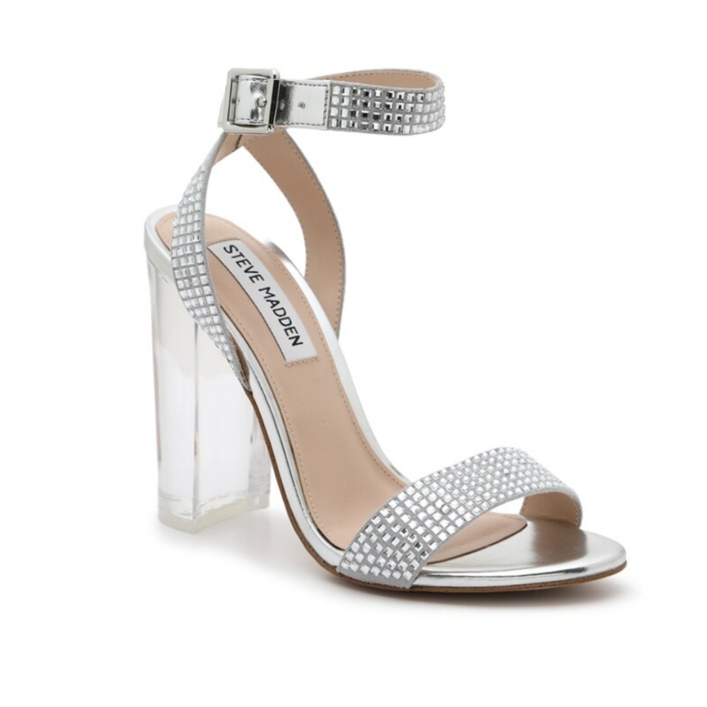 Steve Madden Valenty Sandal Clear Heels embellished with flat rhinestones 6.5